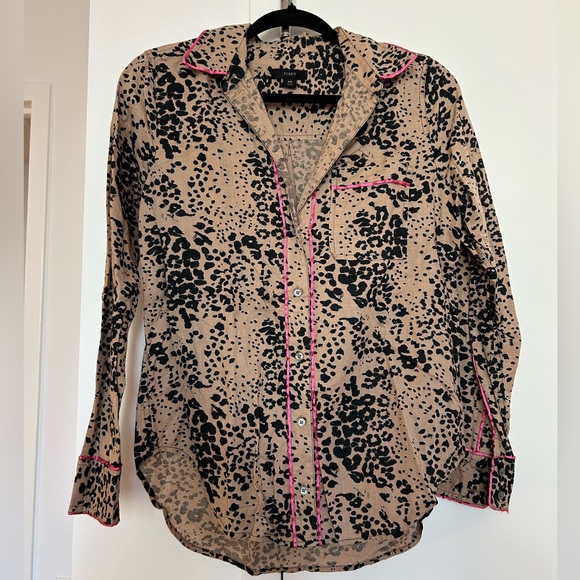 J. Crew Linen Leopard Print Button Down with Pink Contrast Piping - Picture 2 of 7